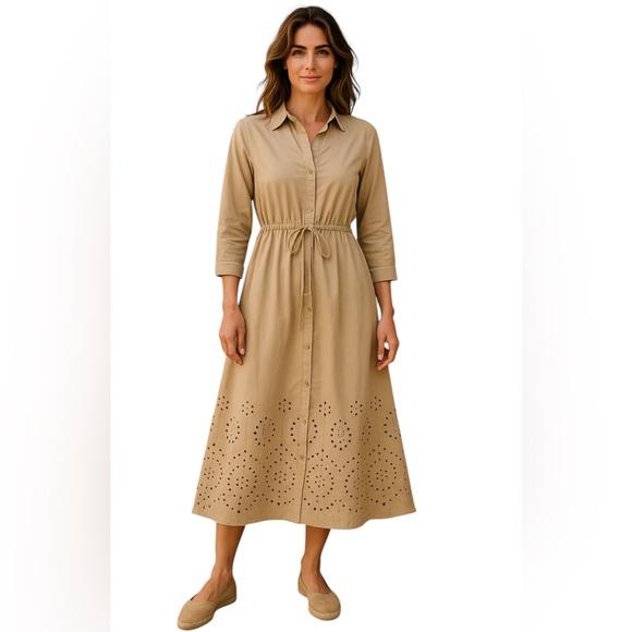 Sweet Magnolia Dresses & Skirts - Sweet Magnolia Tan Long Sleeve Cotton Shirt Dress Cutout Hem On Bottom Sz L NWT